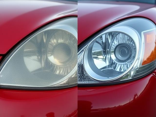 Crystal clear headlights after restoration service, side by side comparison